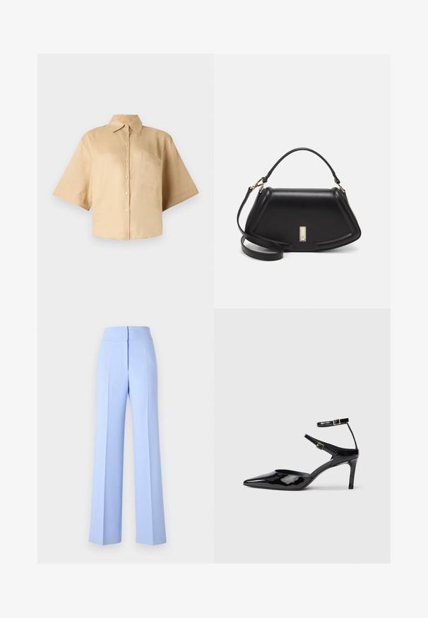 Kortermet, beige skjorte med klassisk krage, frontknapplukking og venstre brystlomme. Glatt stoff uten synlige mønstre eller teksturer.; Lyseblå vide bukser med høj talje, prydet med skarpe plisseringer og en glat overflade. Skræddersyet silhuet med et rent finish.; Sorte lakkede hæle med spids tå, justerbare ankelstropper og en slank hæl. Glat tekstur med en skinnende overflade.; Sort lærveske med en strukturert design, som har en avkortet form, topphåndtak og detaljer i gull. Justerbar skulderstropp inkludert.