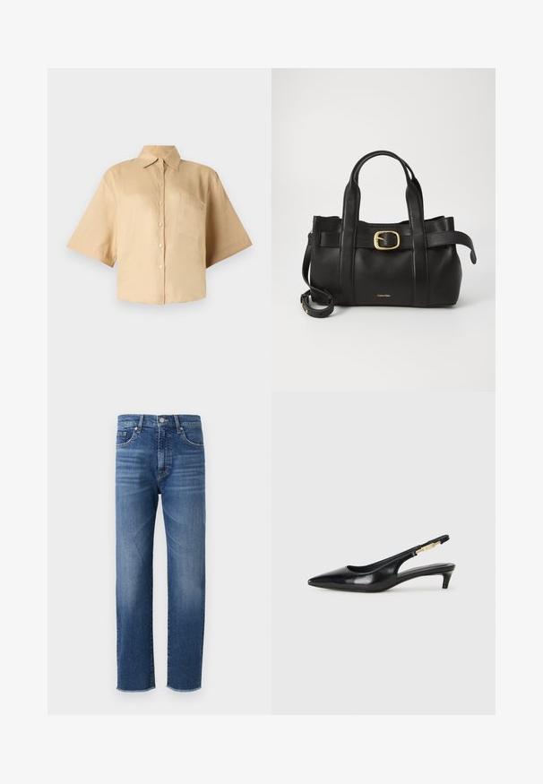 Rövid ujjú, bézs ing klasszikus gallérral, elöl gombos záródással és bal oldali zsebből. Simaszerkezetű anyag, látható minták vagy textúrák nélkül.; Kék farmernadrág egyenes szabással, megfakult kivitelben, öt zsebes stílusban és rojtos szegéllyel.; Fekete bőr slingback magassarkúk, hegyes orral, vékony sarkakkal és arany színű részlettel a állítható pánton. Simа felület.; Fekete bőr kézitáska, amely strukturált kialakítással rendelkezik, dupla felső fogantyúval, arany tónusú csattal és a márka dombornyomott logójával az elején.