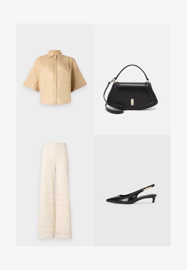 Chemise beige à manches courtes avec un col classique, fermeture par boutons sur le devant et poche sur la poitrine gauche. Tissu lisse sans motifs ni textures visibles.; Pantalons larges de couleur crème en dentelle avec un motif géométrique. Présente une taille haute et une silhouette fluide.; Talons hauts en cuir noir avec un bout pointu, dotés d'un talon fin et d'un accent en ton or sur la lanière réglable. Texture lisse.; Sac à main en cuir noir avec un design structuré, featuring une forme cropped, une poignée supérieure et des accents en matériel doré. Bandoulière réglable incluse.