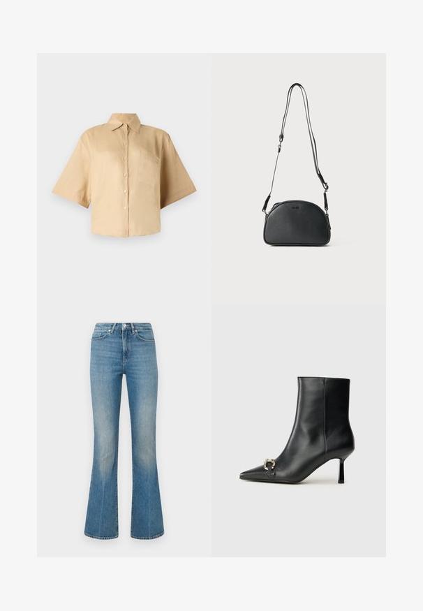 Short-sleeve, beige shirt with a classic collar, front button closure, and left chest pocket. Smooth fabric with no visible patterns or textures.; Light blue flared jeans made from denim. Features a waistband with a button and a faded wash, tapering to a wide hem at the ankles.; Black leather ankle boot with pointed toe, slim mid-height heel, and silver buckle detail on side against plain background.; Black leather crossbody bag with a rounded shape, two adjustable straps, and a subtle logo on the front. Textured exterior, minimalistic design.