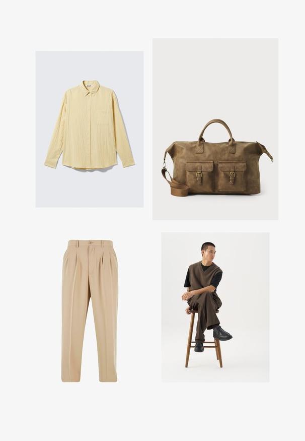 Hosszú ujjas gombos ing puha sárga anyagból, amely textúrált felülettel, gallérral és egyetlen bal oldali mellzsebbel rendelkezik.; Beige, pliszírozott nadrág, egyenes lábformával, sima anyagból készült, gombos záródással és övhurkokkal a derékrészen.; Barna kötött mellény fekete póló felett, barna bőszárú nadrággal és fekete vastag talpú cipővel párosítva, egy fa széken ül.; Barna bőr utazótáska, két elülső zsebbe, állítható vállpánttal, arany színű részletekkel és masszív felső fogantyúkkal. Sima felület.