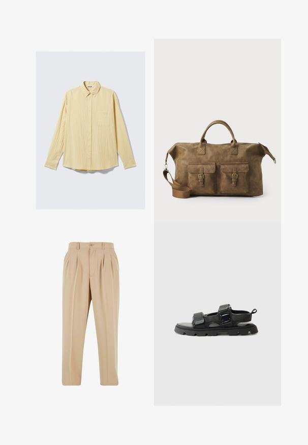 Pikendusega nööbiga särk pehmes kollases kangas, millel on tekstuurne viimistlus, krae ja üks vasakpoolne rinna-tasku.; Beežid plisseeritud püksid otse lõikega, valmistatud siledast kangast, nööbikinnituse ja vööde hoidmisaukudega vööl.; Mustad sandaalid tekstureeritud kangast pealsega, laiad rihmad, metallist kinnituse aktsendid ja paks kummist tallaga, millel on lõhkumismuster.; Pruun nahast nädalakott, millel on kaks esikotti, reguleeritav õlarihm, kuldne riistvara ja tugevad ülemised käepidemed. Sile tekstuur.