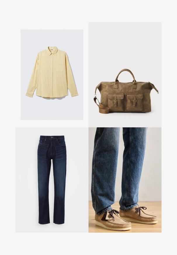 Langarm overhemd in een zachte gele stof, met een textuurfinish, kraag en een enkele borstzak aan de linkerkant.; Donkerblauwe denim jeans met een rechte pijpdesign, voorzien van een ritssluiting, vijf zakken en vervaagde gebieden aan de voorkant voor contrast.; Suède mocassins in tan met een donkerbruin accent, ronde neus en een zachte witte zool. Beschikt over een vetersluiting en gestikte details.; Bruine leren weekendtas met twee voorzakken, verstelbare schouderband, gouden hardware en stevige handvatten aan de bovenkant. Strakke textuur.