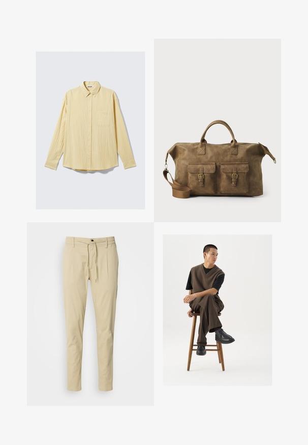 Langarm overhemd in een zachte gele stof, met een textuurfinish, kraag en een enkele borstzak aan de linkerkant.; Beige, slim-fit broeken gemaakt van een katoenmix. Elastische tailleband met een koord, twee voorplooien en rechte pijpen.; Bruin gebreid vest over een zwart t-shirt, gecombineerd met bruine wijde broek en zwarte chunky schoenen, zittend op een houten kruk.; Bruine leren weekendtas met twee voorzakken, verstelbare schouderband, gouden hardware en stevige handvatten aan de bovenkant. Strakke textuur.