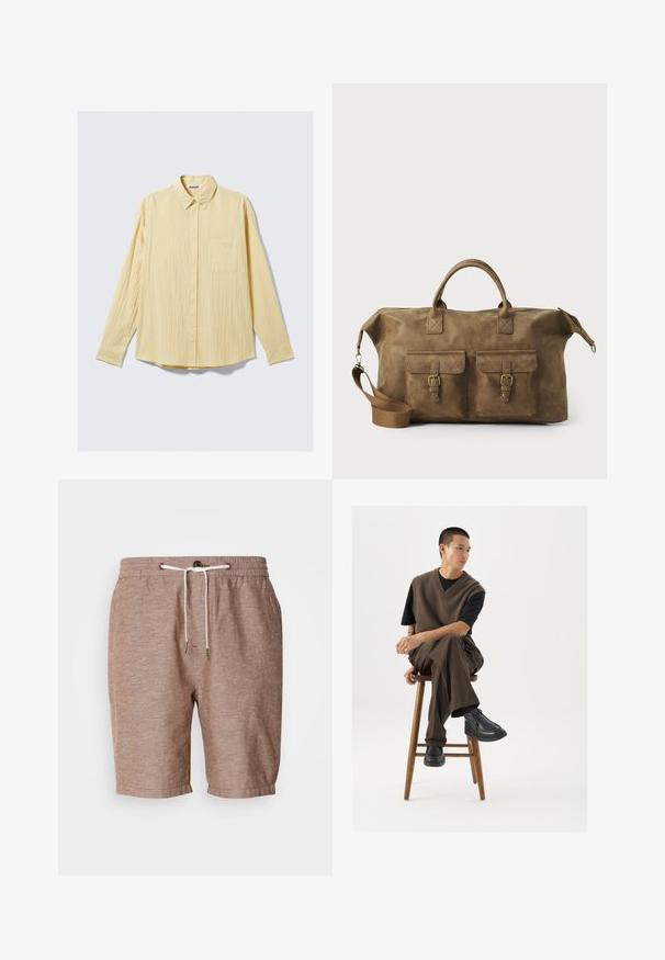 Chemise à manches longues en tissu jaune doux, avec une finition texturée, un col et une poche unique sur la poitrine gauche.; Shorts en lin marron avec une taille élastique, fermeture à cordon de serrage et ourlet roulé. Présente une texture subtile et des éléments de design minimalistes.; Gilet en tricot marron sur un t-shirt noir, associé à un pantalon large marron et des chaussures noires à semelles épaisses, assis sur un tabouret en bois.; Sac de voyage en cuir marron avec deux poches avant, bandoulière réglable, accessoires en or et poignées supérieures robustes. Texture lisse.