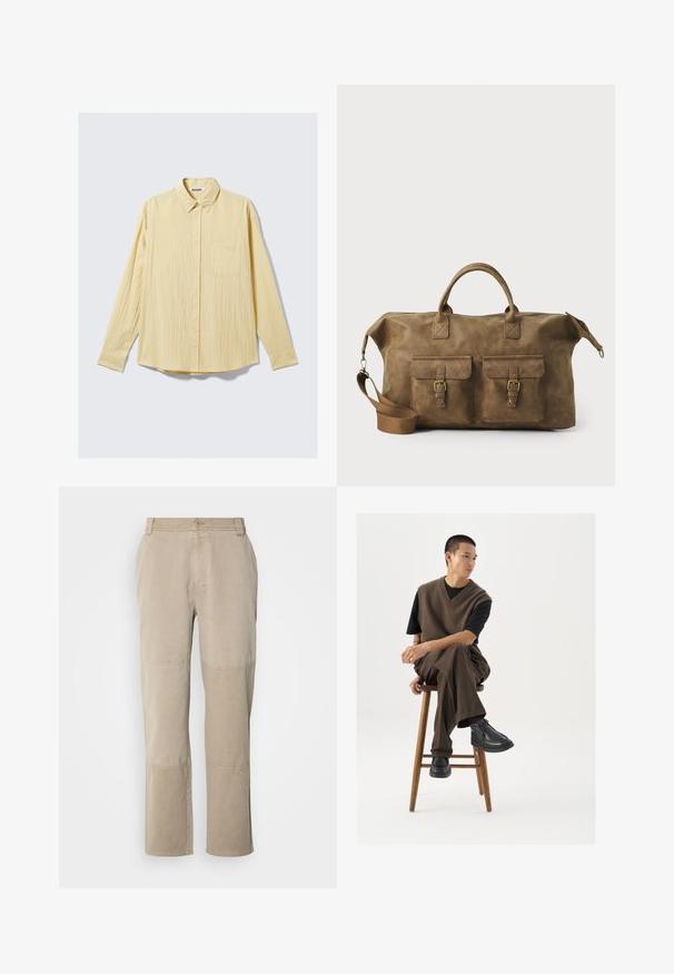 Košulja dugih rukava s gumbima u mekanom žutom materijalu, s teksturiranim završetkom, kragnom i jednim džepom na lijevoj strani prsiju.; Bež hlače od pamuka s ravnim nogavicama, s dodatkom šavova na koljenima i kopčanjem na gumbe u struku.; Smeđi pleteni prsluk preko crne majice, uparen sa smešnim širokim hlačama i crnim robustnim cipelama, sjedi na drvenoj klupi.; Smeđi kožni putni kovčeg s dva prednja džepa, podesivim remenom za rame, zlatnim detaljima i čvrstim gornjim ručkama. Glatka tekstura.