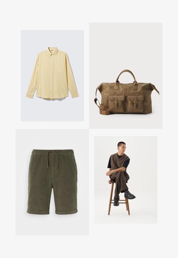 Hosszú ujjas gombos ing puha sárga anyagból, amely textúrált felülettel, gallérral és egyetlen bal oldali mellzsebbel rendelkezik.; Olíva zöld kordbársony rövidnadrág, rugalmas derékkal, állítható zsinórral és felgöngyölt ujjakkal. Strukturált szövet, puha felülettel.; Barna kötött mellény fekete póló felett, barna bőszárú nadrággal és fekete vastag talpú cipővel párosítva, egy fa széken ül.; Barna bőr utazótáska, két elülső zsebbe, állítható vállpánttal, arany színű részletekkel és masszív felső fogantyúkkal. Sima felület.