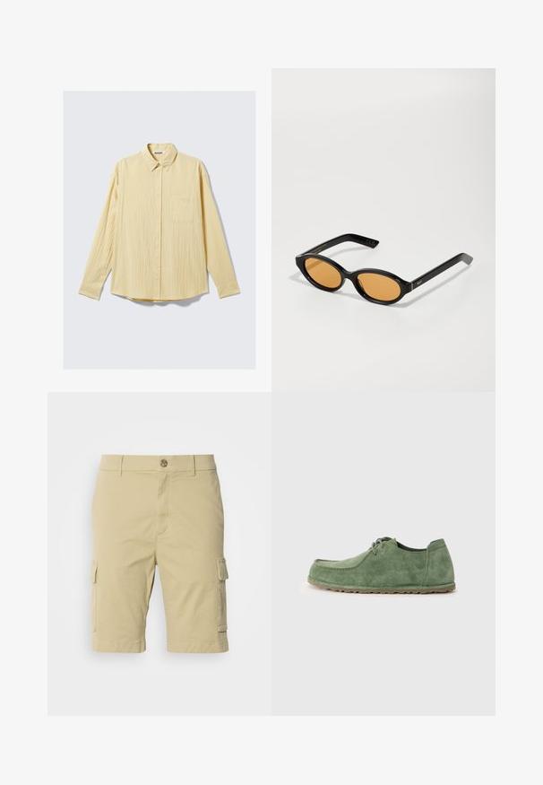 Camicia a maniche lunghe con bottoni in morbido tessuto giallo, caratterizzata da una finitura texturizzata, colletto e una singola tasca sul lato sinistro del petto.; Pantaloni cargo khaki realizzati in cotone con una texture liscia, dotati di tasche laterali e chiusura con bottone in vita.; Scarpe in suede verde con punta arrotondata, design con lacci e superficie testurizzata. La suola è di un marrone chiaro e offre un aspetto informale.; Occhiali da sole neri con lenti ovali, tonalità arancione e finitura lucida. Presentano sottili aste laterali con dettagli dorati.