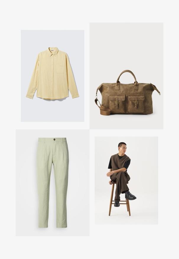 Gariežu krekls ar garām piedurknēm mīkstā dzeltenā audumā, ar strukturētu apdari, apkakli un vienu kreiso krūšu kabatu.; Gai zaļi lina bikses ar taisnu piegriezumu, aprīkotas ar priekšējo pogas aizdari, divām priekšējām kabatām un gludu tekstūru.; Brūna adīta veste virs melna T-krekla, apvienota ar brūnām wide-leg biksēm un melniem masīviem apaviem, sēžot uz koka krēsla.; Brūns ādas ceļojumu soma ar diviem priekšējiem kabatām, regulējamu plecu siksnu, zelta detaļām un stingrām augšējām rokturiem. Gluda tekstūra.