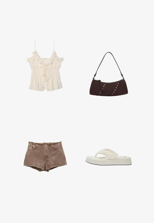 Blouse de couleur crème avec des bretelles fines, des bords volants et un nœud à l'avant. Fabriquée en tissu léger avec une taille froncée et un design en couches.; Shorts en denim marron avec ourlet effiloché, design à cinq poches et accents en métal. Le matériau semble légèrement délavé avec une surface texturée.; Tongs beiges avec une tige en tissu texturé, deux brides et une semelle plate et rembourrée dotée d'une semelle extérieure noire. Design simple et minimaliste.; Sac à main en cuir synthétique marron avec une forme courbée, fermeture à zip et clous décoratifs argentés le long d'un côté. Dispose d'une courte bandoulière.