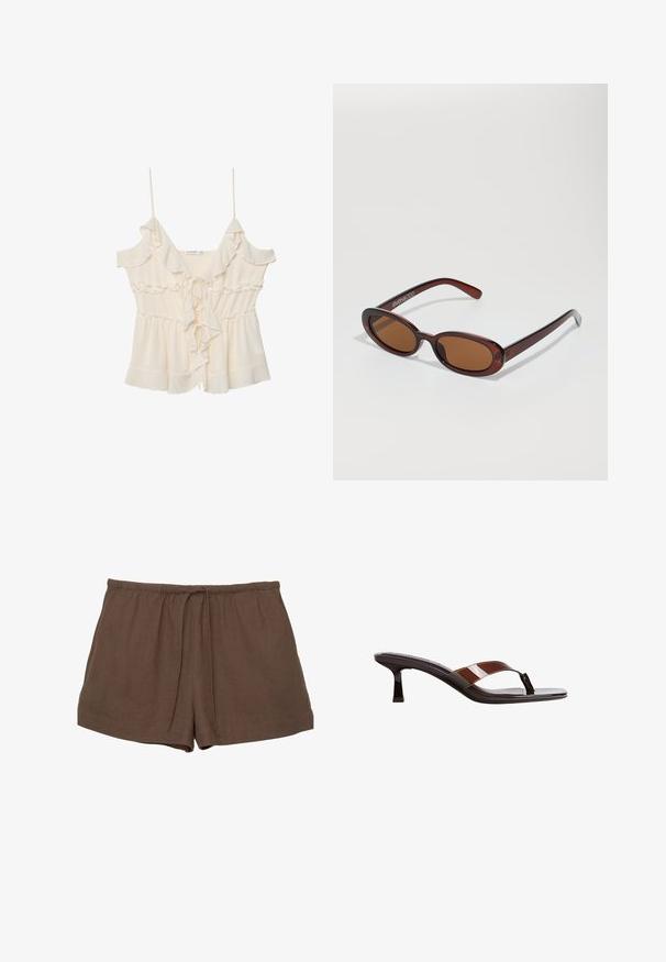 Kremowa bluzka z cienkimi ramiączkami, falbaniastymi brzegami i wiązanym przodem. Wykonana z lekkiego materiału, z marszczonym wcięciem w talii i warstwowym krojem.; Brązowe lniane szorty z elastycznym pasem i sznurkiem, charakteryzujące się prostym wzornictwem i gładką teksturą. Brak widocznych kieszeni.; Stradivarius - Japonki; Okrągłe, brązowe okulary przeciwsłoneczne z błyszczącą bordową oprawą. Cienkie ramiona z subtelnym detalem marki. Płaski kształt soczewek.