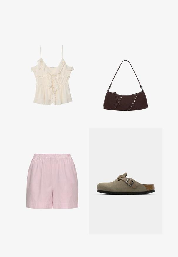 Cream-colored blouse with thin straps, ruffled edges, and a tie front. Made of lightweight fabric with a gathered waist and layered design.; Striped shorts with an elastic waistband, featuring pink and white vertical stripes, crafted from lightweight fabric, and finished with side pockets.; Suede clogs in light olive green with a molded cork and rubber sole. Features a side strap with a metal buckle and a rounded toe.; Brown synthetic leather handbag with a curved shape, zipper closure, and decorative silver studs along one side. Features a short shoulder strap.