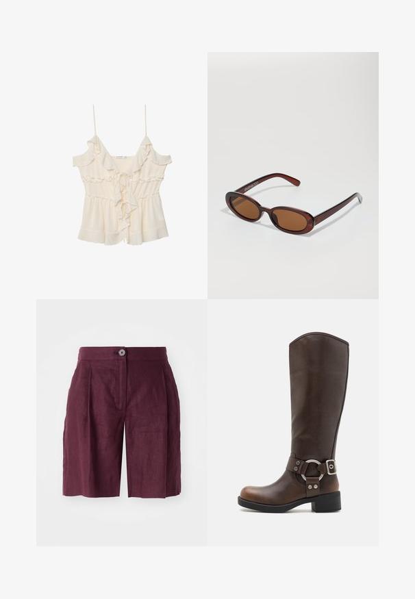 Krémová blúzka s tenkými ramienkami, volánikovými okrajmi a viazaním vpredu. Vyrobená z ľahkého materiálu s naťahovacím pásom a vrstveným dizajnom.; Burgundské ľanové šortky s prispôsobeným strihom, s gombíkovým zapínaním, prednými záhybmi a bočnými vreckami, hladkou textúrou a dĺžkou po kolená.; Hnedá kožená vysoká čižma s okrúhlou kovovou akcentovanou sponou. Trochu textúrovaný zvršok, zvýšený podpätok a dizajn s okrúhlou špičkou.; Okrúhle slnečné okuliare s hnedým nádychom a lesklým burgundským rámom. Úzke ramená s jemným brandovaním. Plochej šošovky dizajn.