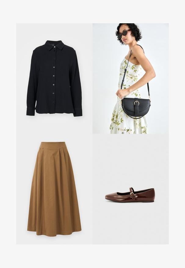 Gina Tricot Bluza z gumbi - black; Rjava bombažna A-linijska krila z visokim pasom, ki vključuje naborke spredaj in gladko teksturo. Robovi so čisti in preprosti.; Rjavi lakasti baletni čevelj z kvadratnimi prsti in trakcem, ki vsebuje majhen zlat zaponko. Gladka tekstura, nizka petka in minimalističen dizajn.; Črna usnjena torbica s ukrivljeno obliko, z odstranljivo naramnico in zlatimi dodatki. Torbica ima pokrov s podrobnostmi v obliki zaponke.