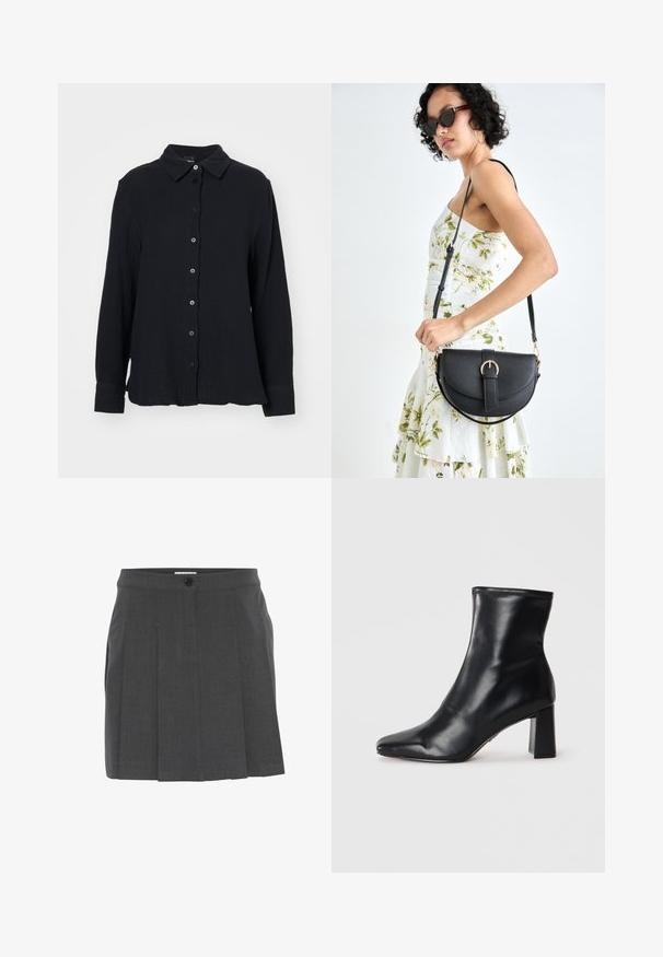 Gina Tricot Hemdbluse - black; Grauer plissierter Rock mit einem Bund, ausgestattet mit einem Knopfverschluss vorne. Aus strukturierter Stoff gefertigt, konzipiert für eine taillierte Passform.; Schwarze Leder-Ankle Boots mit spitzem Zehenbereich und einem strukturierten Blockabsatz. Glatte Textur mit einem eleganten, minimalistischem Design.; Schwarze Lederhandtasche mit geschwungener Form, abnehmbarem Tragegurt und goldenen Beschlägen. Die Tasche verfügt über einen Deckel mit einer Schnallen-Details.