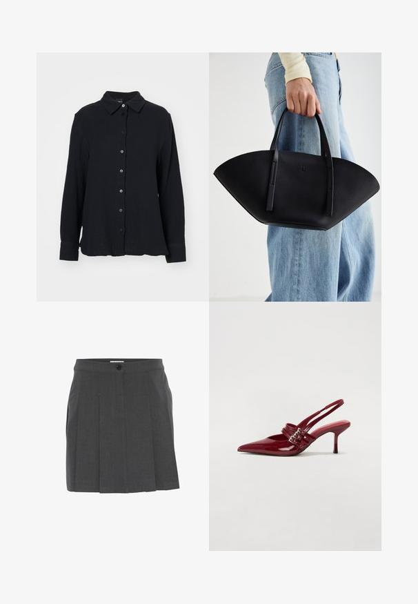 Gina Tricot Chemisier - black; Jupe plissée grise avec une taille élastique, dotée d'une fermeture à boutons à l'avant. Fabriquée en tissu texturé, conçue pour un ajustement ajusté.; Escarpins slingback en cuir verni rouge avec un bout pointu, deux brides à boucle et un talon aiguette slim de hauteur intermédiaire. Texture lisse.; Sac à main en cuir noir avec une forme de éventail unique, doté de poignées plates. La surface présente une texture granuleuse et un design minimaliste.