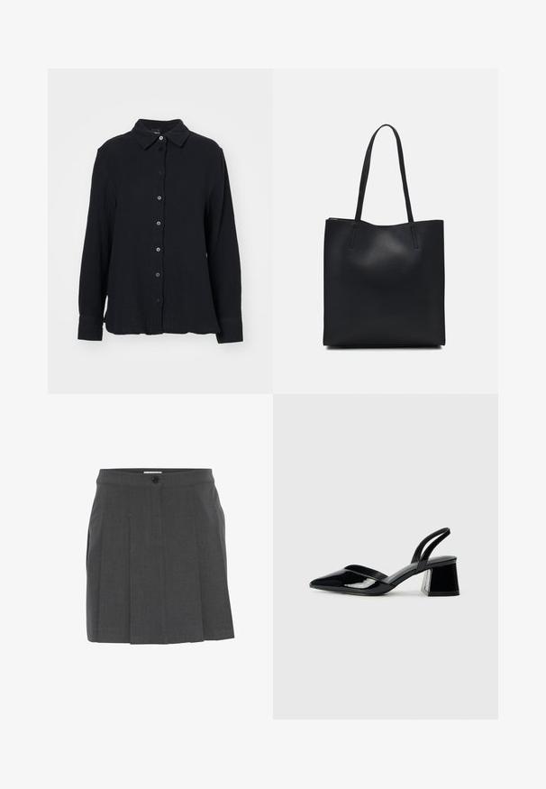 Gina Tricot Nööpidega pluus - black; Hallux hallitus seelik, millel on vöökoht ja ees nupulukk. Valmistatud tekstureeritud kangast, kujundatud sobitamiseks.; Mustad musta lakknahk kingad, millel on terav varvas ja geomeetriline plokkkonts. Omab elegantselt minimalistlikku disaini ja sujuvat tekstuuri.; Mustast nahast kott sujuva tekstuuriga, ristkülikukujuline ja kahe pika sangaga. Pole nähtavat riistvara ega kaunistusi.