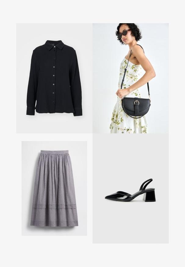 Gina Tricot Blus - black; Svartvit rutig midikjol med elastisk midja, rynkad textur och synliga sömdetaljer längs nederkanten.; Svarta lackläder slingback klackar med spetsig tå och geometrisk klack. Har en elegant, minimalistisk design och slät yta.; Svart läderhandväska med en böjd form, avtagbar rem och guldiga detaljer. Väskan har ett lock med en spänndetalj.