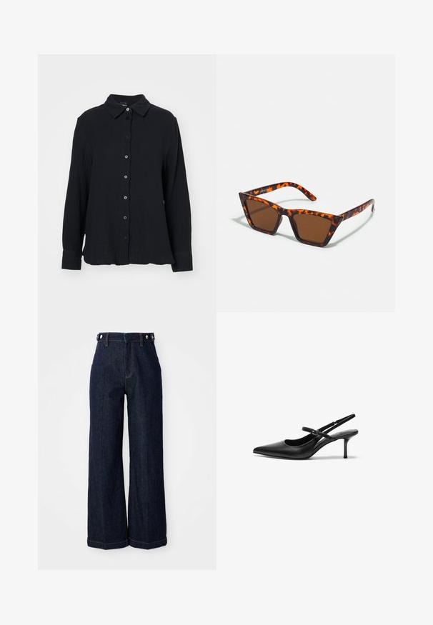 Gina Tricot Chemisier - black; Jean large bleu foncé en denim, avec une taille haute, un design à cinq poches et des coutures orange contrastantes.; Talons aiguilles noires en cuir avec un bout pointu, une fine bride réglable, et un talon aiguille d'environ 5 cm, texture lisse.; Lunettes de soleil teintées de brun avec un motif écaille de tortue, monture angulaire et branches fines. Matériau en plastique léger.; Sac tissé marron avec une forme décontractée, une poignée en boucle unique et une surface texturée. Le design présente un style hobo sans matériel supplémentaire.