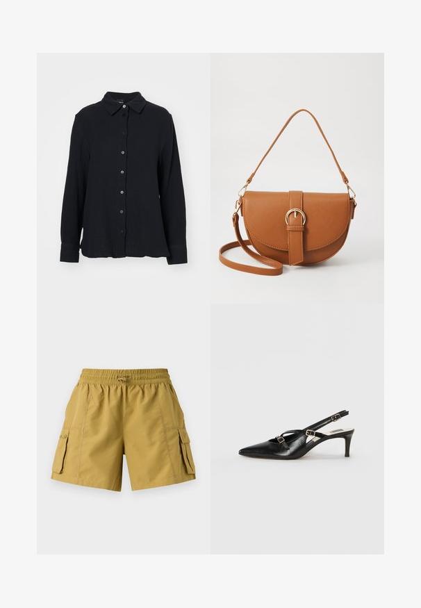 Gina Tricot Košilová halenka - black; Kahaki cargo šortky s elastickým pasem, šňůrkou a dvěma bočními kapsami. Vyrobené z lehké tkaniny s hladkou texturou.; Černá kožená slingback bota s špičatou špičkou, tenkými popruhy a kovovými přezkami, na 6 cm zúženém podpatku. Hladký povrch.; Hnědá kožená křížová taška s zakřiveným tvarem, zlatými detaily a akcentem s přezkou. Obsahuje odnímatelný popruh na rameno.