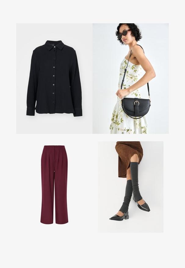 Gina Tricot Blusa com botões - black; Calças de perna larga em tecido borgonha, com pregas frontais e cintura elástica. Textura suave, design de comprimento total.; Sapatos pretos de pele lacada com biqueira pontuda, salto bloco e tiras no tornozelo, combinados com caneleiras cinzas em malha e uma saia de camurça castanha.; Bolsa de couro preta com forma curva, alça destacável e detalhes em dourado. A bolsa possui uma aba com detalhe de fivela.