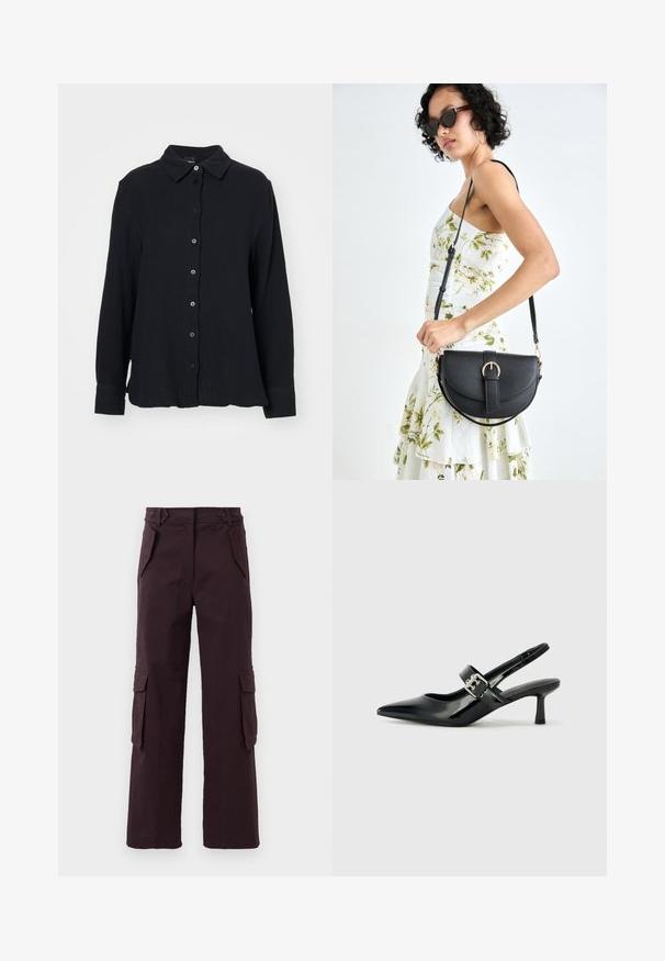 Gina Tricot Skjortebluse - black; Mørkeblå rette ben cargo bukser med klaffelommer på sidene, skrå frontlommer og beltehemper i livet.; Svarte patent lær slingback hæler med spiss tå og en liten blokkheel, med en sølvspenne som detalj på stroppen.; Svart lærveske med en buet form, avtagbar stropp og gullbeslag. Vesken har et klaff med spenne-detall.