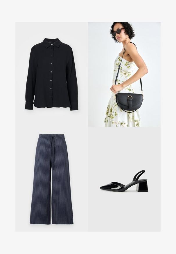 Gina Tricot Blusa - black; Pantalones de pierna ancha en azul marino con rayas verticales blancas. Fabricados con un tejido ligero, cuentan con una cintura con cordón y una textura suave.; Zapatos de tacón slingback de charol negro con punta afilada y tacón geométrico en bloque. Presentan un diseño elegante y minimalista, así como una textura suave.; Bolso de piel negra con forma curva, correa desmontable y herrajes dorados. El bolso cuenta con una solapa con un detalle de hebilla.