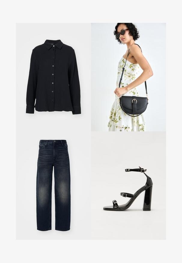 Gina Tricot Chemisier - black; Weekday RAIL MID LOOSE - Jean droit - deep ocean blue; Sandales à talons hauts en cuir verni noir avec deux brides à boucles, bout carré et talon bloc épais, présentant une texture lisse et brillante.; Sac à main en cuir noir avec une forme courbée, bandoulière amovible et des accessoires en or. Le sac est doté d'un rabat avec un détail de boucle.