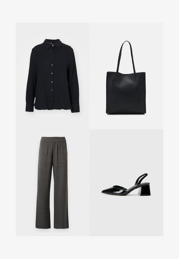 Gina Tricot Užsagstoma palaidinė - black; Pilki plati kelnės su tekstūruotu audiniu, būdingos elastinei juosmeniai ir be kišenių, sukurtos patogumui ir laisvam judėjimui.; Juodos lakuotos odinės šlepetės su smailiu pirštu ir geometriniu bloko kulnu. Turi elegantišką, minimalistinį dizainą ir lygų paviršių.; Juodas odinis tote krepšys su lygia tekstūra, stačiakampio formos ir dviem ilgais rankenomis. Matomų metalinių detalių ar puošybos nėra.