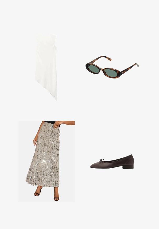 Rochie albă fără mâneci, cu decolteu rotund și o linie de tiv asimetrică, care se lasă într-un vârf pe o parte.; Fustă maxi realizată din paiete argintii strălucitoare, cu un design texturat, plisat. Prezintă o talie ajustată și o siluetă relaxată, fluidă.; Balerini din piele maro, cu vârf rotund și toc mic pătrat. Prezintă o fundiță subțire în față și detalii de cusătură subtile.; Ochelari de soare cu ramă din scoică de broască țestoasă și lentile verzi. Au brațe subțiri cu un accent metalic aproape de balamale.; Geantă țesută galbenă, cu un mâner curbat în partea de sus și o formă nestrcturată. Suprafața texturată prezintă un model în cruce pe întreaga ei suprafață.