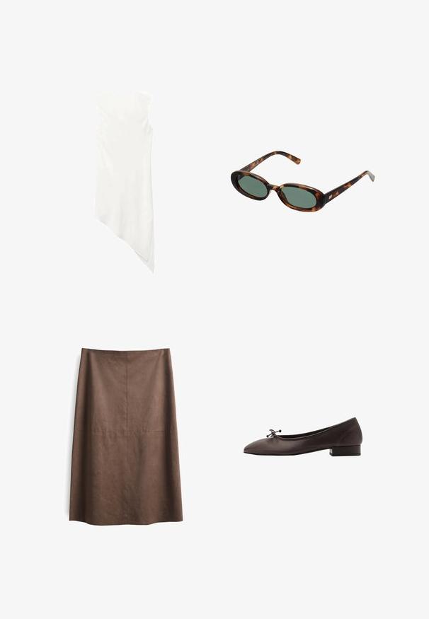 Robe blanche sans manches avec un col rond et un ourlet asymétrique qui tombe en pointe d'un côté.; Jupe A-line en suède marron avec une texture lisse, au design longueur genou et des détails de couture subtils. Pas de matériel ou d'accents visibles.; Ballerines en cuir brun avec un bout rond et un petit talon carré. Présentent un fin nœud à l'avant et des détails de couture subtils.; Lunettes de soleil en écaille de tortue avec des montures ovales et des verres verts. Elles présentent des branches fines avec un accent métallique près des charnières.; Sac en bandoulière jaune tissé avec une anse supérieure cintrée et une forme non structurée. La surface texturée présente un motif entrecroisé.