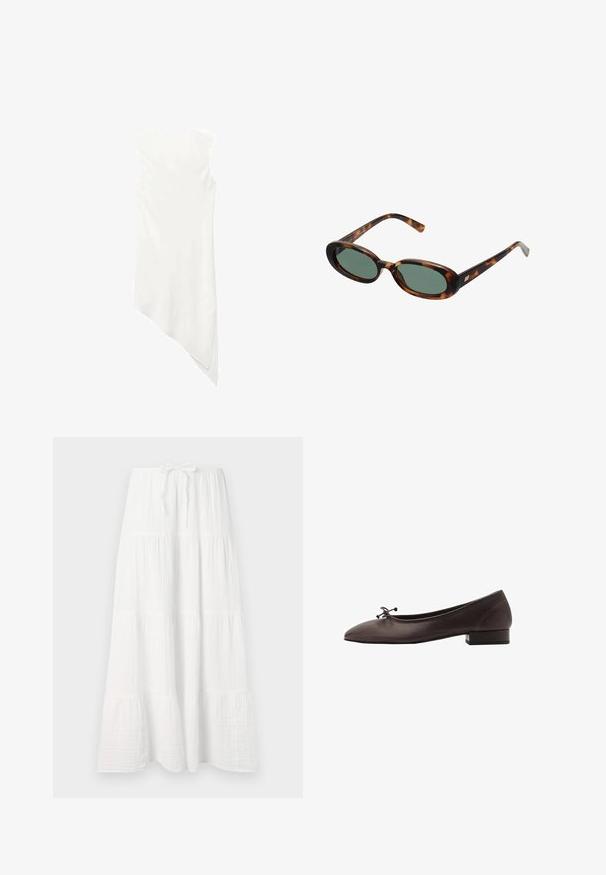 Ærmeløs hvid kjole med rund halsudskæring og en asymmetrisk kant, der draperer til en spids på den ene side.; Hvid lang nederdel lavet af struktureret stof, med horisontale lag og en justerbar taljebånd for pasform. Glat, flydende design.; Brune læder balletflade med rund tå og lille blokhæl. Har en tynd sløjfe foran og diskrete syningsdetaljer.; Skildpaddemønstrede solbriller med ovale stel og grønne linser. Har tynde arme med en metallisk detalje nær hængslerne.; Sort læder hobo taske med en blød, buet form. Har en bred toprem og rynker i bunden for en afslappet struktur.
