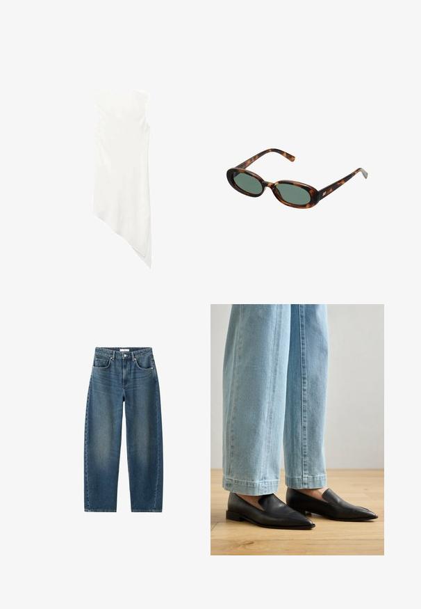 Bezrukávové biele šaty s okrúhlym výstrihom a asymetrickým lemom, ktorý na jednej strane spadá do špičky.; Tmavomodré denimové džínsy so rovnými nohavicami, dizajnom s piatimi vreckami a klasickým gombíkovým zapínaním. Mäkka textúra s jemným vyblednutím.; Čierne kožené topánky s špicatou špičkou a beznázorovým dizajnom, v kombinácii s svetlo modrými širokými džínsami, na drevenej podlahe.; Slnečné okuliare v štýle korytnačiny s oválnymi rámami a zelenými sklami. Majú tenké nožičky s kovovým akcentom pri pántoch.; Tkaná žltá kabelka s oblúkovou hornou rukoväťou a neštruktúrovaným tvarom. Textúrovaný povrch obsahuje krížový vzor.