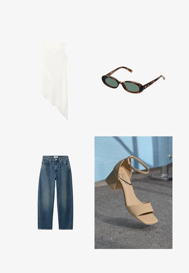 Ärmelloses weißes Kleid mit Rundhalsausschnitt und asymmetrischem Saum, der auf einer Seite zu einem Punkt drapiert.; Dunkelblaue Denim-Jeans mit geradem Bein, Fünf-Taschen-Design und klassischem Knopfverschluss. Weiche Textur mit dezenten Verfärbungen.; Beige Sandale mit Blockabsatz und quadrater Zehenform, minimalistischen Riemen und einem Knöchelverschluss. Glattes, mattes Material auf einer grauen Oberfläche.; Schildpatt-Sonnenbrille mit ovalen Rahmen und grünen Gläsern. Verfügt über dünne Bügel mit einem metallischen Akzent in der Nähe der Scharniere.; Gewebte gelbe Handtasche mit einem geschwungenen Oberhandgriff und einer unstrukturierten Form. Die strukturierte Oberfläche weist ein kreuz und quer Muster auf.