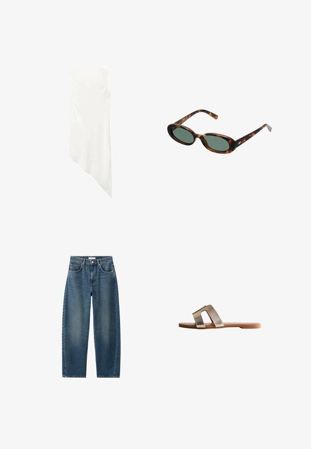 Bezrękawna biała sukienka z okrągłym dekoltem i asymetrycznym dołem, który zwisa do punktu z jednej strony.; Granatowe dżinsy o prostym kroju, pięć kieszeni, klasyczne zapięcie na guzik. Miękka faktura z delikatnym wyblaknięciem.; Złote, metaliczne płaskie sandały z dwiema szerokimi paskami, płaską, brązową podeszwą i gładką teksturą. Minimalistyczny design odpowiedni do codziennego noszenia.; Okulary przeciwsłoneczne w kolorze tortoise z owalnymi oprawkami i zielonymi soczewkami. Posiadają cienkie zauszniki z metalowym akcentem przy zawiasach.; Tkany żółty wornik z wygiętym uchwytem u góry i nieregularnym kształtem. Teksturowana powierzchnia posiada wzór w krzyżujące się linie na całej powierzchni.