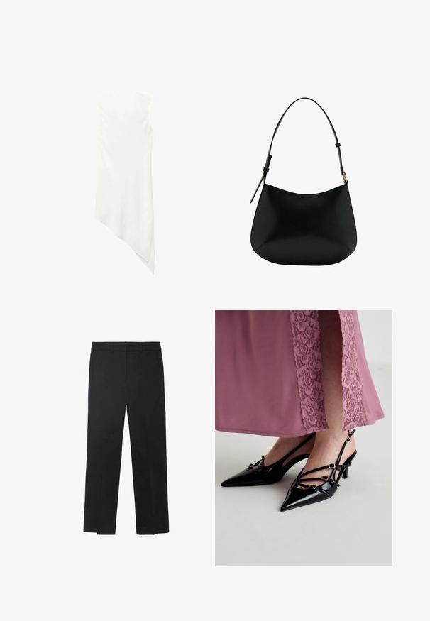 Bela brezrokavna obleka z okroglim izrezom in asimetričnim robom, ki se na eni strani spusti do konice.; Črne hlače iz gladkega blaga, z dizajnom ravne noge, sprednjimi žepi in ravnim pasom brez vidnih kovinskih delov ali okrasnih elementov.; Črne lakirane slingback pete s ostrimi nosovi, ki imajo več tankih trakov in zlate zaponke.; Črna usnjena torba za ramo z gladko teksturo, ukrivljeno obliko in nastavljivim ročajem. Ima minimalno šivljenje in preprost dizajn.