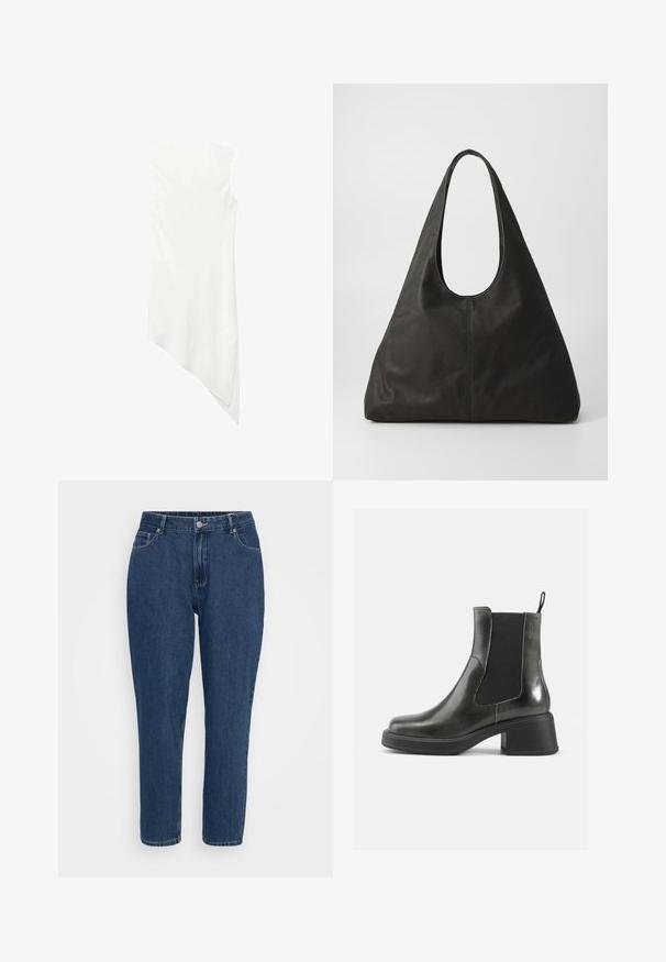 Rochie albă fără mâneci, cu decolteu rotund și o linie de tiv asimetrică, care se lasă într-un vârf pe o parte.; Jeans din denim cu talie înaltă, de culoare albastru închis, cu croială dreaptă, buzunare frontale, bucle pentru curea, nasture metalic și închidere cu fermoar, pe un fundal alb.; Botine negre din piele cu un finisaj neted, panouri laterale elastice și un toc gros. Au un punct de sprijin pentru a fi mai ușor de încălțat.; Geantă de umăr din piele neagră, cu un mâner curbat, formă triangulară alungită și textură netedă. Prezintă un design minimalist, fără elemente de metal vizibile.; Cercei din metal argintiu cu un design sculptural ondulat, prezentând o finisare lucioasă și forme neregulate, evidențiind o estetică contemporană.