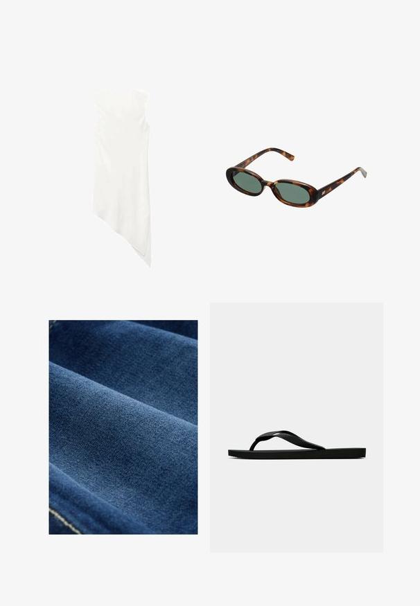 Bezrukávové biele šaty s okrúhlym výstrihom a asymetrickým lemom, ktorý na jednej strane spadá do špičky.; Tmavomodrý denin s hladkou textúrou, viditeľným tkaním a jemným elastom. Obsahuje jemné stehy pozdĺž okrajov.; Čierne gumené žabky s textúrovaným popruhom a jednoduchou plochou podrážkou, zobrazené z boku na jednofarebnom svetlom pozadí.; Slnečné okuliare v štýle korytnačiny s oválnymi rámami a zelenými sklami. Majú tenké nožičky s kovovým akcentom pri pántoch.; Čierna kožená hobo taška s mäkkým, zakriveným tvarom. Má široké vrchné uško a nariasenie na spodnej časti, čo vytvára voľný vzhľad.