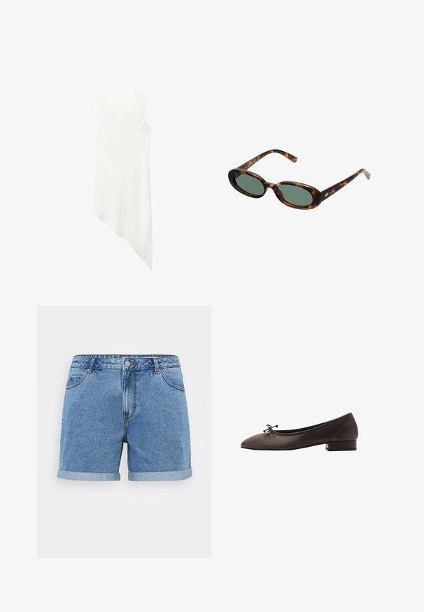 Bezrukávové biele šaty s okrúhlym výstrihom a asymetrickým lemom, ktorý na jednej strane spadá do špičky.; Džínsy kraťasy svetlo modrej farby s obrubou, päť vreciek, zapínanie na gombík a vyšívané detaily. Vyrobené z bavlnenej tkaniny.; Hnedé kožené baletky s zaoblenou špičkou a malým blokovým podpätkom. Obsahujú tenkú mašľu vpredu a jemné švy.; Slnečné okuliare v štýle korytnačiny s oválnymi rámami a zelenými sklami. Majú tenké nožičky s kovovým akcentom pri pántoch.; Tkaná žltá kabelka s oblúkovou hornou rukoväťou a neštruktúrovaným tvarom. Textúrovaný povrch obsahuje krížový vzor.