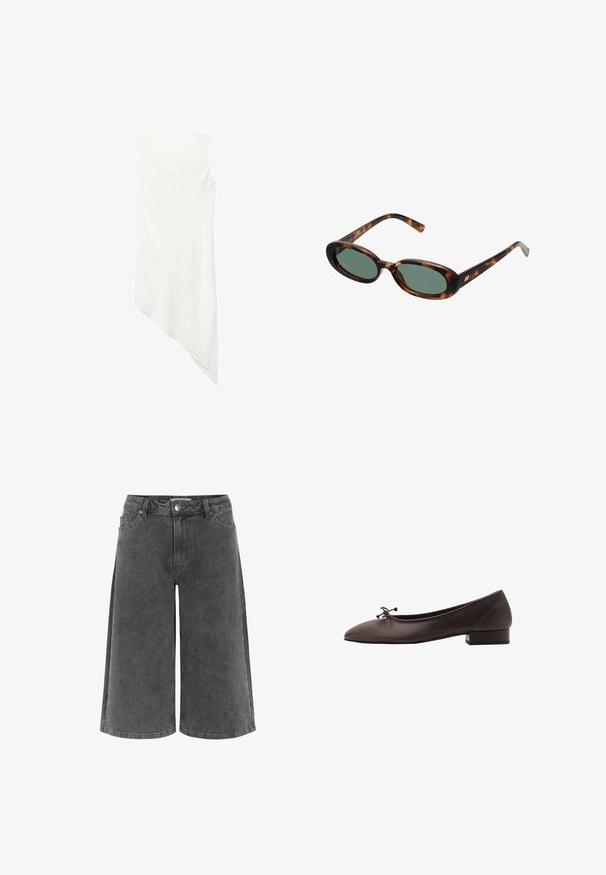 Abito bianco senza maniche con scollo rotondo e un orlo asimmetrico che si drappeggia a punta su un lato.; Culotte in denim grigio con vestibilità comoda, dotate di una vita classica, chiusura a bottone, due tasche frontali e texture liscia.; Ballerina in pelle marrone con punta arrotondata e tacco a blocco piccolo. Presenta un sottile fiocco sul davanti e dettagli di cucitura discreti.; Occhiali da sole tartarugati con montatura ovale e lenti verdi. Presentano aste sottili con un accento metallico vicino alle cerniere.; Borsa a tracolla gialla intrecciata con manico curvo e forma non strutturata. La superficie testurizzata presenta un motivo a incrocio.