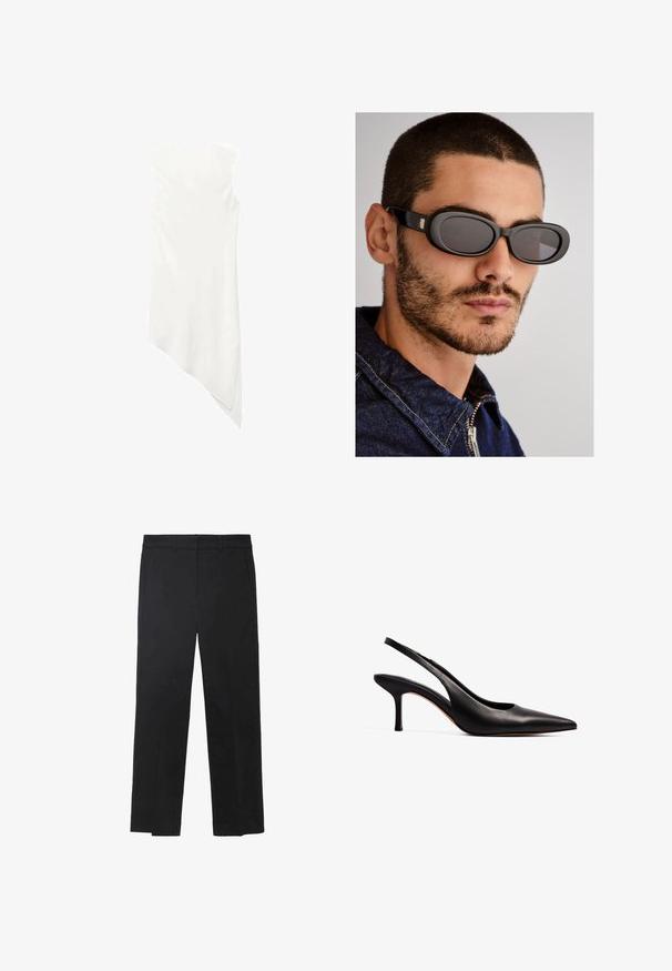 Ärmelloses weißes Kleid mit Rundhalsausschnitt und asymmetrischem Saum, der auf einer Seite zu einem Punkt drapiert.; Schwarze Hosen aus glattem Stoff, mit geradem Bein Design, Fronttaschen und einem flachen Taillenbund ohne sichtbare Hardware oder Verzierungen.; NA-KD Pumps - black; Schwarze ovale Sonnenbrillen mit dunklen Gläsern und schlanken Rahmen, mit einem metallischen Akzent an den Bügeln, getragen vor einem neutralen Hintergrund.; Schwarze Ledertasche mit schmalem Design, geschwungener Form und verstellbarem Griff. Verfügt über minimale Nähte und ein schlichtes Design.