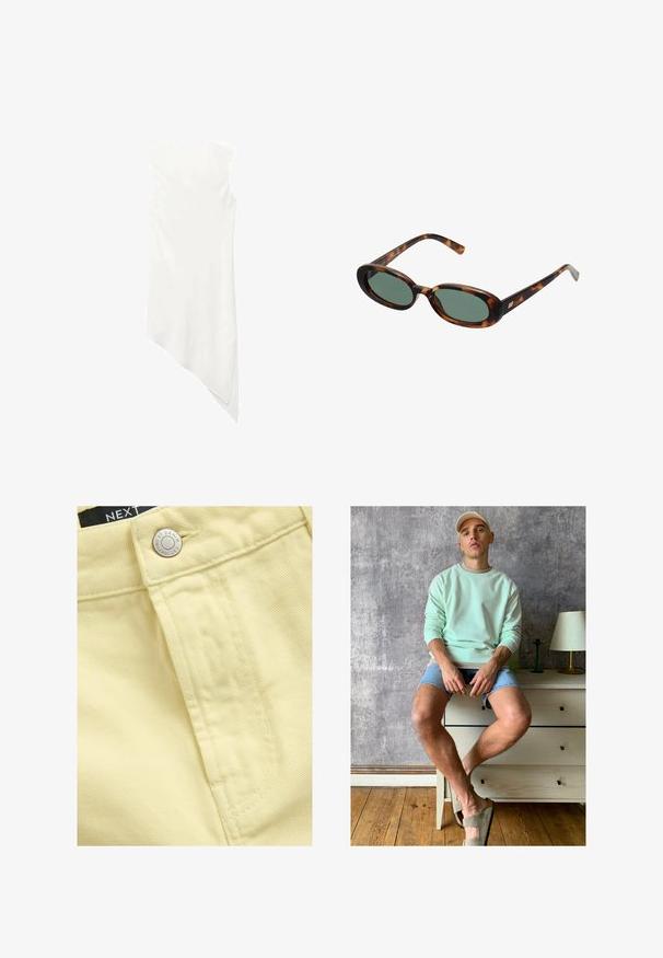 Robe blanche sans manches avec un col rond et un ourlet asymétrique qui tombe en pointe d'un côté.; Gros plan sur un tissu en denim jaune présentant un bouton et des détails de couture, avec une étiquette visible indiquant "NEXT DENIM".; Sweatshirt vert menthe, shorts en denim et chaussures à enfiler vert olive. Assis sur un bureau en bois clair contre un mur texturé gris.; Lunettes de soleil en écaille de tortue avec des montures ovales et des verres verts. Elles présentent des branches fines avec un accent métallique près des charnières.