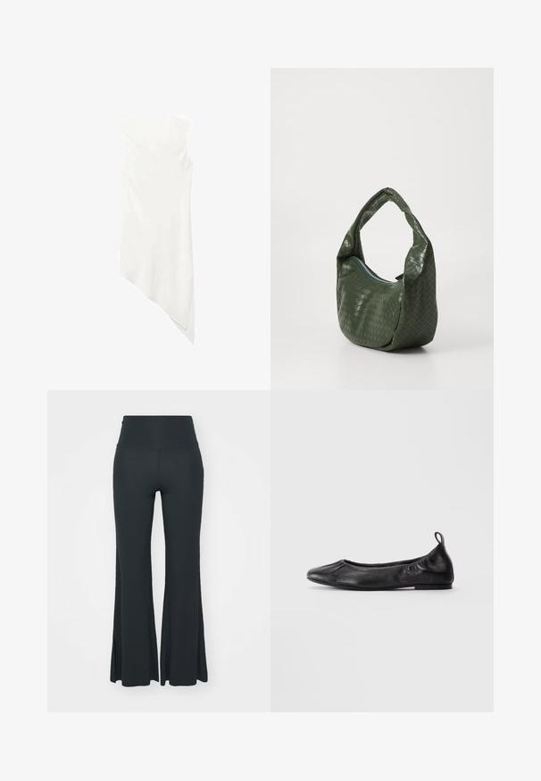 Bílé šaty bez rukávů s kulatým výstřihem a asymetrickým lemem, který na jedné straně splývá do špičky.; Yogasearcher JAIPUR FLARE PANTS - Teplákové kalhoty - forest; Černé kožené baletní střevíce s kulatou špičkou, na bocích s gumičkou a s poutkem na patě, vystavené na světlém pozadí.; Zelená tkaná kožená taška s prohnutou rukojetí a zipovým uzávěrem. Vyznačuje se texturovaným, vzorovaným povrchem a měkkým, volným tvarem.