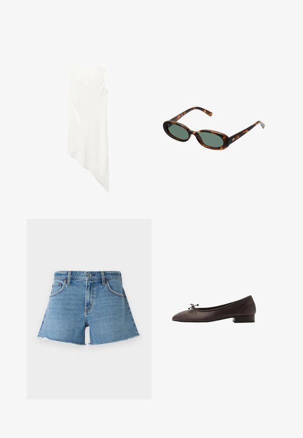 Rochie albă fără mâneci, cu decolteu rotund și o linie de tiv asimetrică, care se lasă într-un vârf pe o parte.; Shorts din denim cu talie înaltă, de culoare bleu deschis. Prezintă un tiv desfăcut și cinci buzunare. Design clasic, cu nituri din cupru și închidere frontală cu nasture.; Balerini din piele maro, cu vârf rotund și toc mic pătrat. Prezintă o fundiță subțire în față și detalii de cusătură subtile.; Ochelari de soare cu ramă din scoică de broască țestoasă și lentile verzi. Au brațe subțiri cu un accent metalic aproape de balamale.; Geantă de umăr din piele de vacă maro și crem, cu o bandă din piele netedă, închidere cu fermoar și o suprafață moale, texturată, cu un model natural.