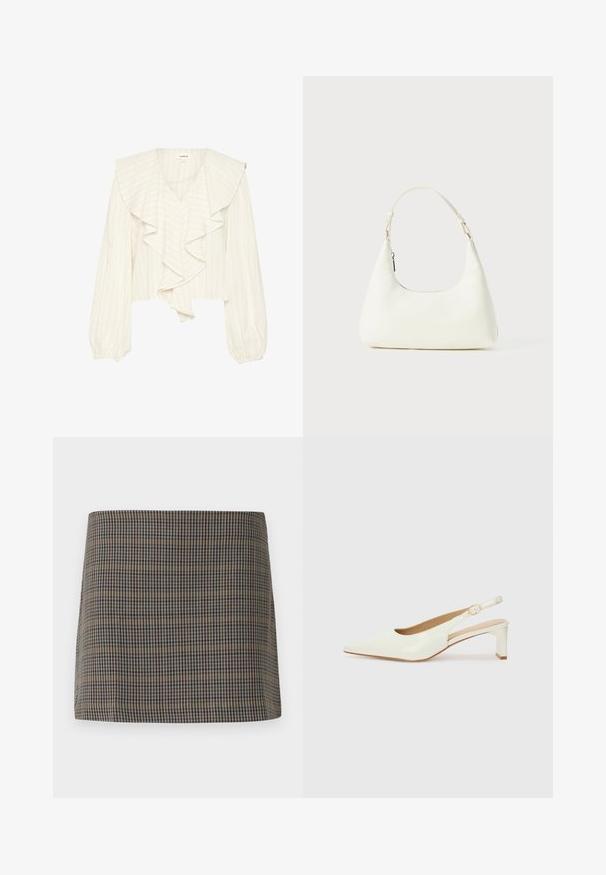 Bela, skrajšana bluzica z navpičnimi črtami, ki ima globok V-izrez in naguban sprednji del. Dolgi, napihnjeni rokavi z elastičnimi manšetami.; Mini krilo s šahovnico, ki vključuje rjave, bež in modre odtenke, z gladko teksturo in ravnim krojem, zasnovano brez vidnih zapiral.; Bele begaste usnjene slingback čevlje z ostrim nosom in nizkim blokastim peto. Imajo diskreten trak z zlatim podrobnostim s sponko.; Majhna bela torbica za ramo z enim nastavljivim trakom in zadrgo, postavljena na enobarvno belo ozadje.