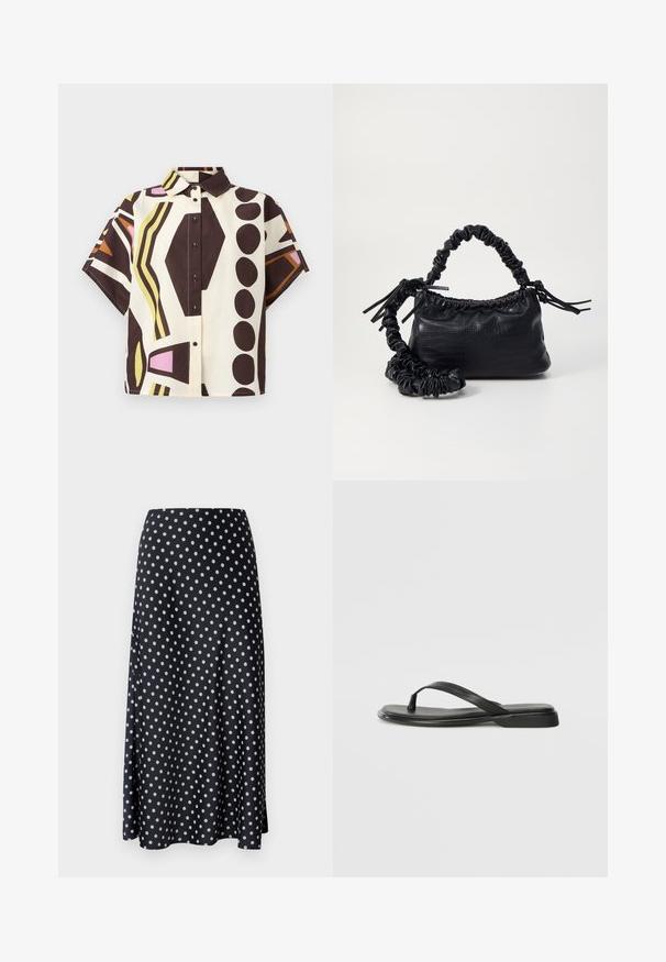 Lyhythihainen, kauluksellinen puuvillapaita, jossa on geometrinen kuosi ruskeassa, kermansävyssä, vaaleanpunaisessa ja vihreässä, mustilla napilla.; Sinepää tummansininen hame, jossa on sileä ja virtaava kangas, keskikokoinen malli ja korkea vyötärö, jossa on sivuleikkaus.; Mustat varvastossut, joissa on sileä nahkapinta, ohut hihna ja litteä pohja, jossa on minimalistinen muotoilu. Ei huomattavia kuvioita tai koristeita.; Must-have mustekahvi nahkalaukku krokotiiliaistalla, kiristetty yläosa ja rypistetty hihna. Näyttää pehmeältä ja kompaktilta muotoilultaan.
