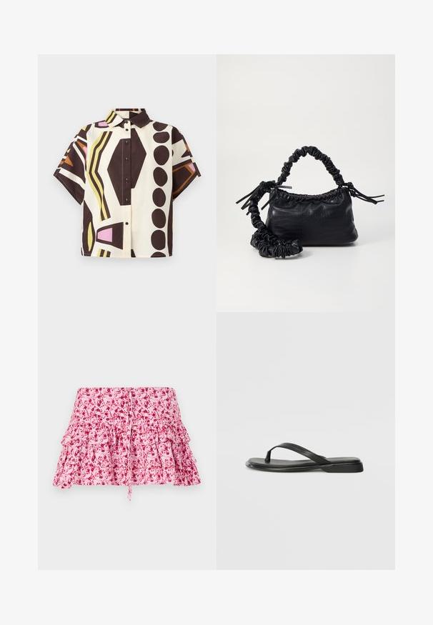 Kortermet skjorte med krage laget av bomull, med et geometrisk mønster i brun, krem, rosa og grønn, utstyrt med svarte knapper.; Rosa blomsterkjole med volanger, med snøring i livet. Stoffet har en myk tekstur med et spredt blomsterdesign i mørkere nyanser.; Sorte flip-flop laget av glatt lær, med en tynn stroppdesign og en flat såle med et minimalistisk utseende. Ingen bemerkelsesverdige mønstre eller aksenter.; Svart faux skinn-håndveske med krokodilletekstur, strammet topp og en rynket stropp. Ser myk og kompakt ut i designen.