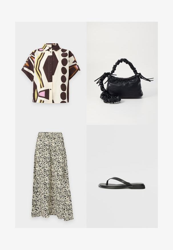 Short-sleeve, collared shirt made of cotton, featuring a geometric pattern in brown, cream, pink, and green with black buttons.; Maxi skirt with elastic waistband, made from lightweight fabric. Features an abstract black and beige pattern, flowing silhouette, and side pockets.; Black flip-flop made of smooth leather, featuring a thin strap design and a flat sole with a minimal profile. No notable patterns or accents.; Black faux leather handbag with a crocodile texture, cinched top, and a scrunched strap. Appears soft and compact in design.