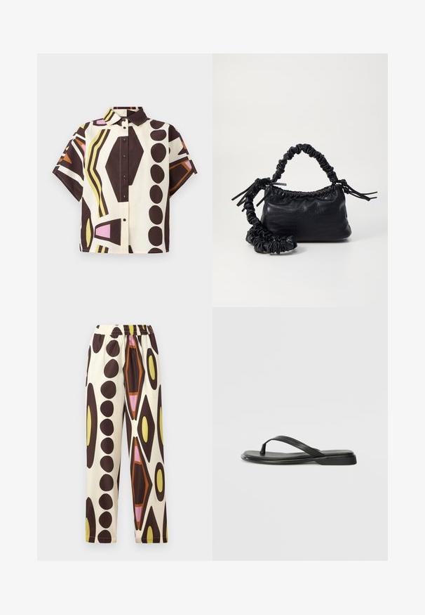 Short-sleeve, collared shirt made of cotton, featuring a geometric pattern in brown, cream, pink, and green with black buttons.; Elastic-waist pants in lightweight fabric, featuring a cream background with large brown, yellow, pink, and orange geometric patterns.; Black flip-flop made of smooth leather, featuring a thin strap design and a flat sole with a minimal profile. No notable patterns or accents.; Black faux leather handbag with a crocodile texture, cinched top, and a scrunched strap. Appears soft and compact in design.