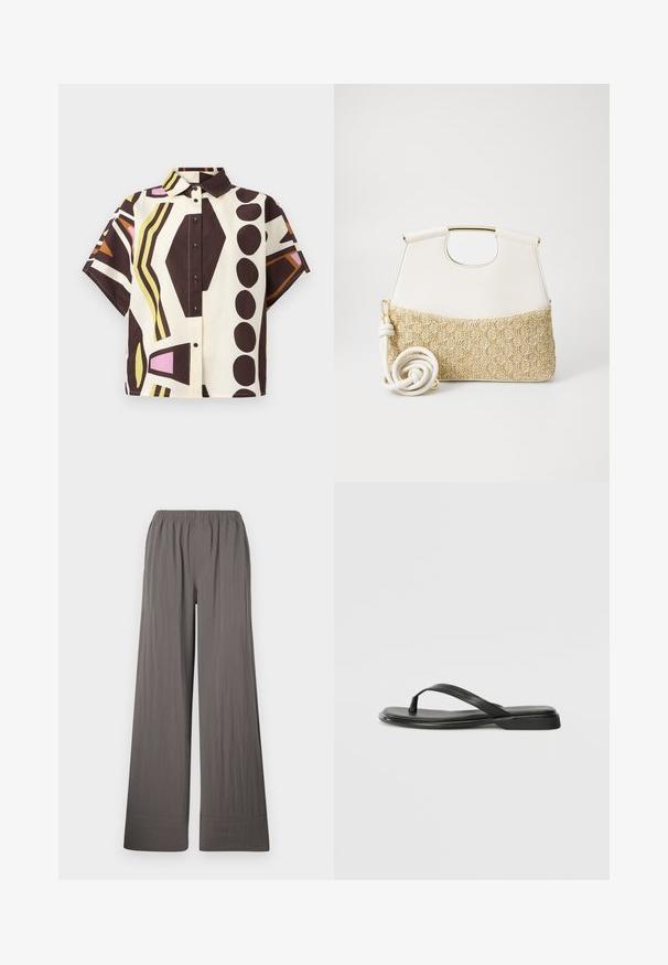 Korte mouwen, overhemd met kraag van katoen, met een geometrisch patroon in bruin, crème, roze en groen, voorzien van zwarte knopen.; Brede broekspijpen in een gestructureerde, donkergrijze stof. Heeft een elastische tailleband en een gestikte zoom.; Zwarte teenflip-flop van glad leer, met een dunne band en een platte zool met een minimalistisch profiel. Geen opvallende patronen of accenten.; Witte leren handtas met een doorgetrokken creme geweven stof aan de onderkant. Voorzien van een gouden handvat en een opgerolde witte schouderband voor veelzijdigheid.